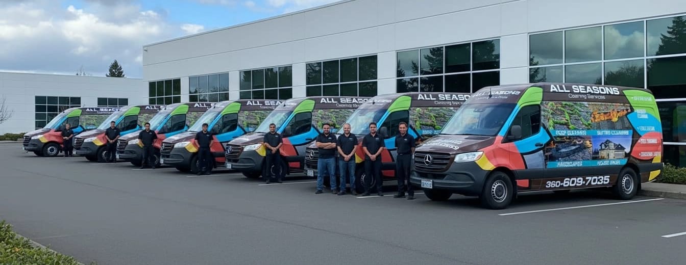 Fleet of All Seasons Cleaning Services vans parked in front of the company building in Vancouver WA, showcasing professional exterior home maintenance, roof cleaning, gutter installation, pressure washing, and landscaping services.